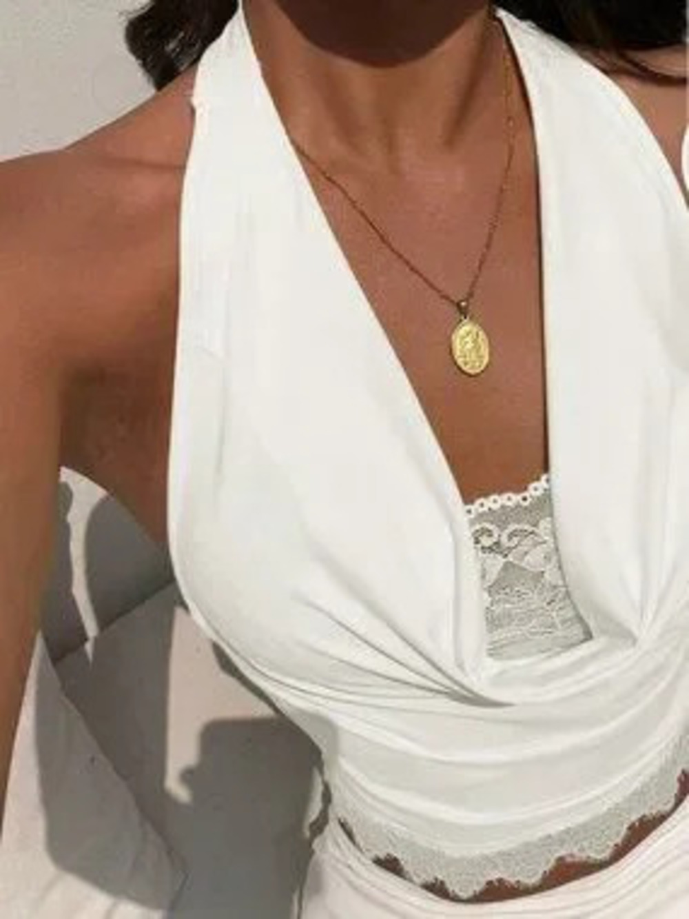 White Casual Women's Lace Patchwork Halter Backless Tie Camisole